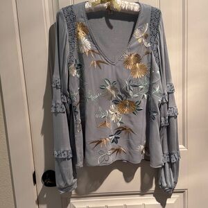 Anthropology , Dusty Blue, Floral Embroidered Blouse with Ruffled Sleeves